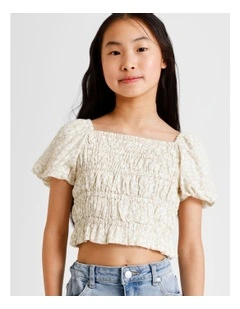 Short Sleeve Rayon Puff Sleeeve Top in Floral and White