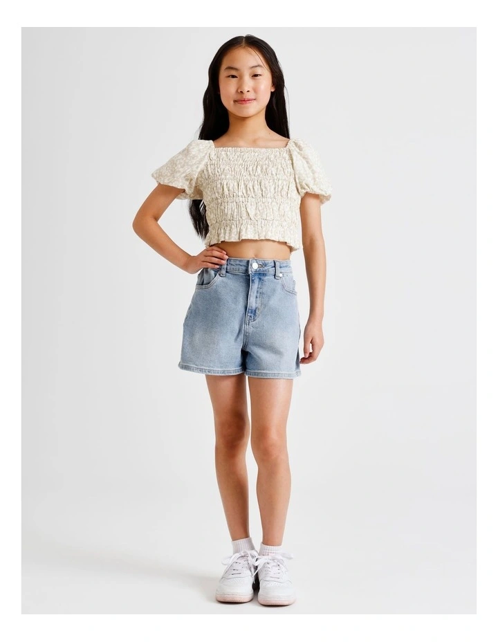 Short Sleeve Rayon Puff Sleeeve Top in Floral and White image 2