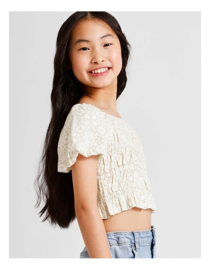 Short Sleeve Rayon Puff Sleeeve Top in Floral and White image 4