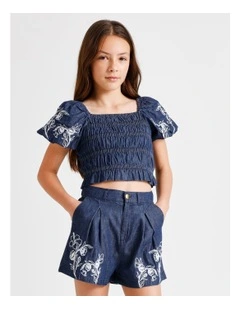 Short Sleeve Chambray Puff Sleeve Top in Indigo