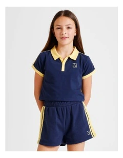 Short Sleeve Cropped Jersey Polo in Navy with Yellow Stripe