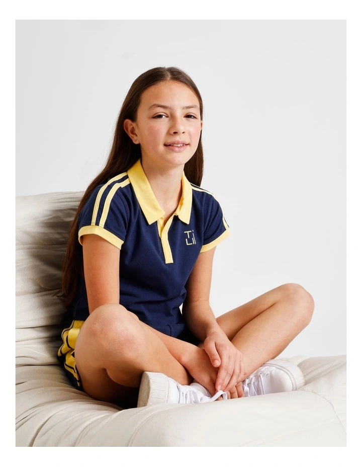 Short Sleeve Cropped Jersey Polo in Navy with Yellow Stripe image 4