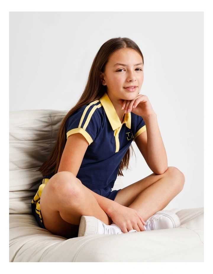 Short Sleeve Cropped Jersey Polo in Navy with Yellow Stripe image 6