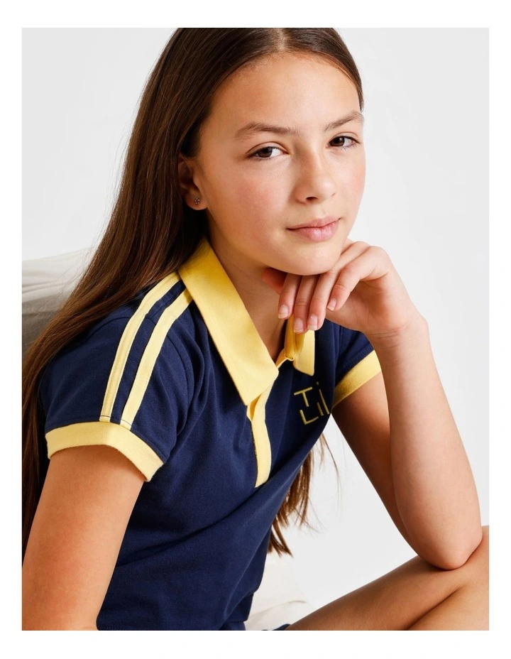 Short Sleeve Cropped Jersey Polo in Navy with Yellow Stripe image 7