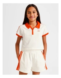 Short Sleeve Cropped Jersey Polo in Ecru with Red Stripe