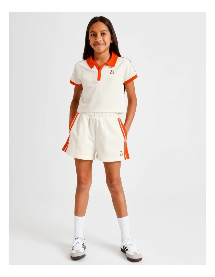 Short Sleeve Cropped Jersey Polo in Ecru with Red Stripe image 3