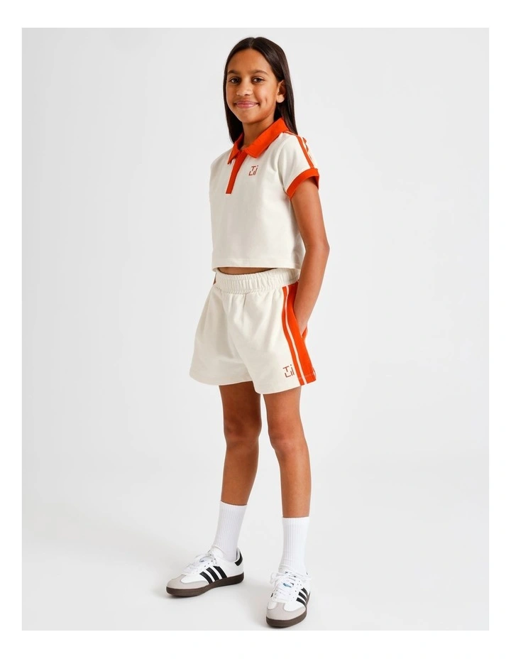 Short Sleeve Cropped Jersey Polo in Ecru with Red Stripe image 4