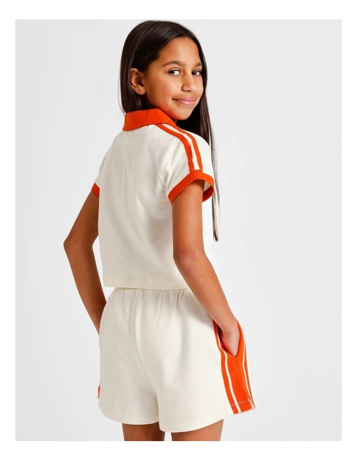 Short Sleeve Cropped Jersey Polo in Ecru with Red Stripe image 5