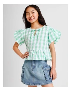 Short Sleeve Peplum Top in Sage Gingham