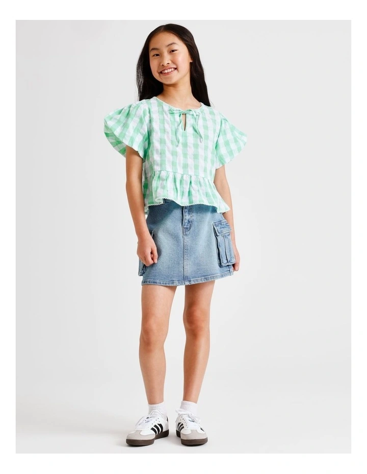Short Sleeve Peplum Top in Sage Gingham image 2