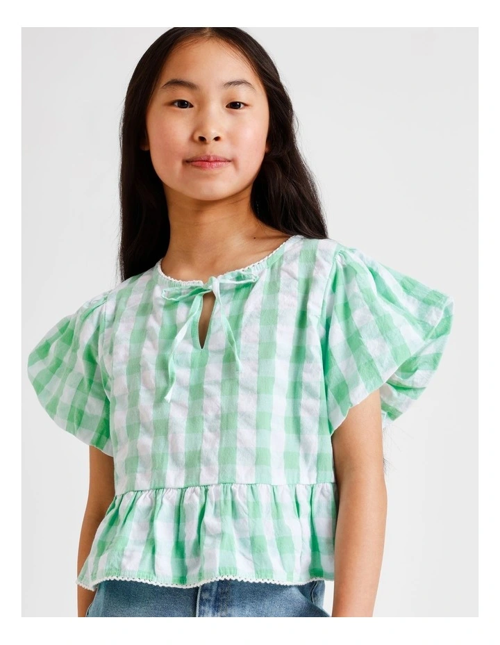 Short Sleeve Peplum Top in Sage Gingham image 3