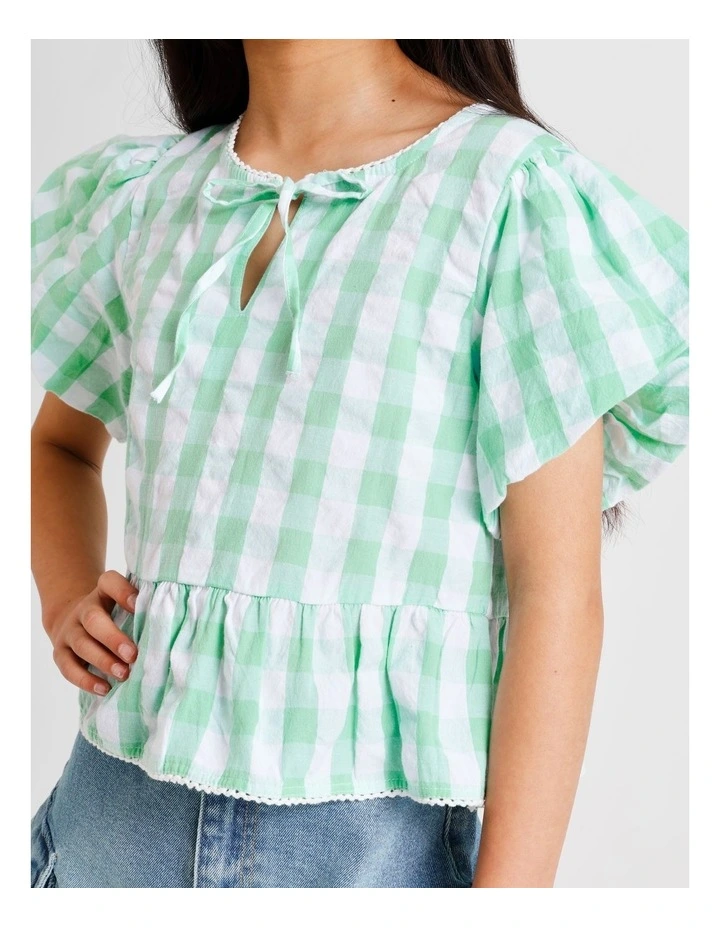 Short Sleeve Peplum Top in Sage Gingham image 5