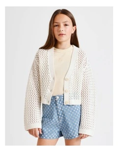 Long Sleeve, Fully fashioned Crochet Cardigan in Ecru