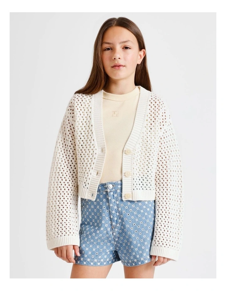 Long Sleeve, Fully fashioned Crochet Cardigan in Ecru image 1