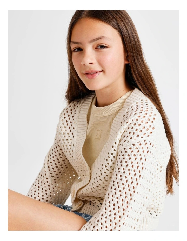 Long Sleeve, Fully fashioned Crochet Cardigan in Ecru image 2