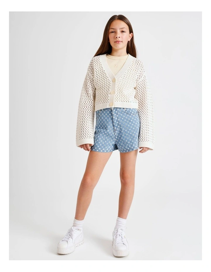 Long Sleeve, Fully fashioned Crochet Cardigan in Ecru image 3