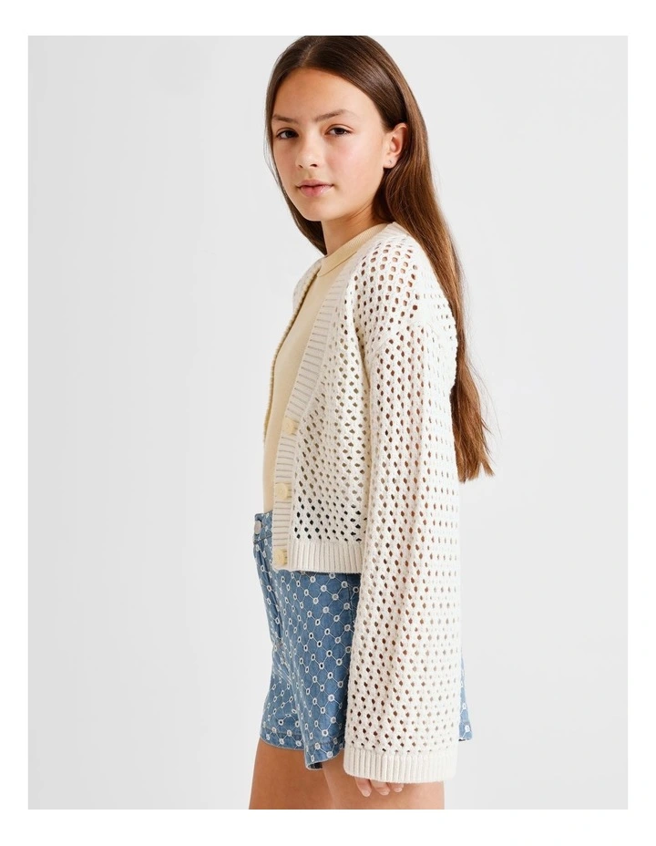 Long Sleeve, Fully fashioned Crochet Cardigan in Ecru image 4