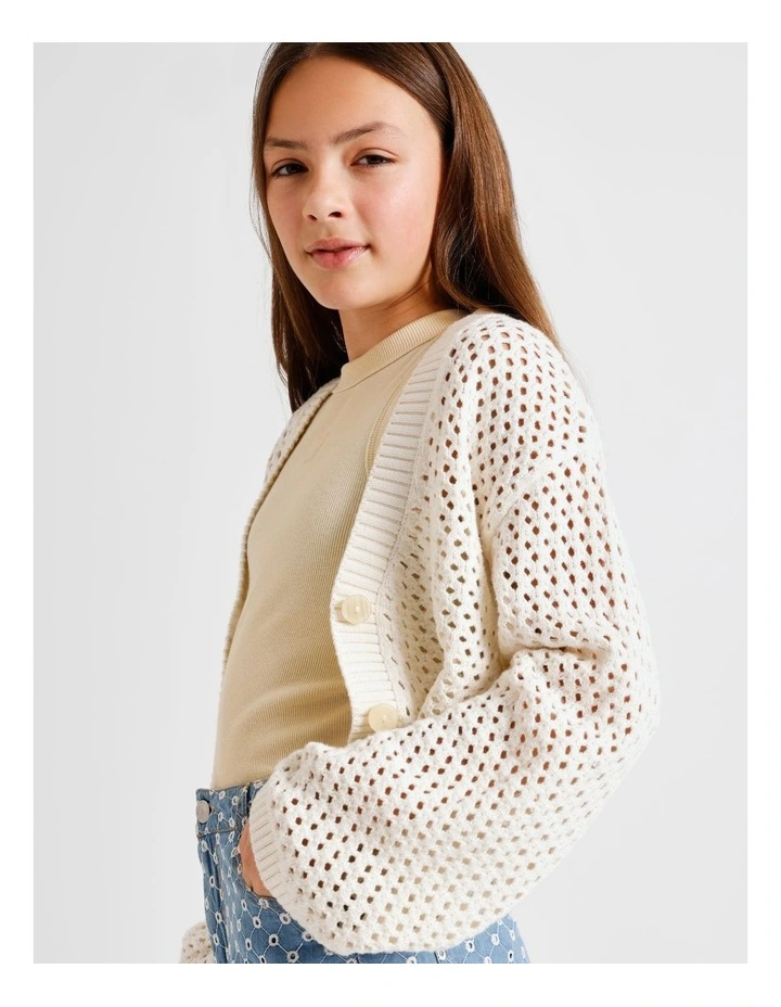 Long Sleeve, Fully fashioned Crochet Cardigan in Ecru image 5