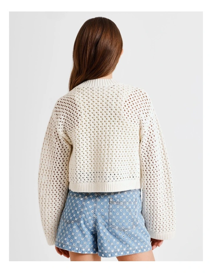 Long Sleeve, Fully fashioned Crochet Cardigan in Ecru image 6