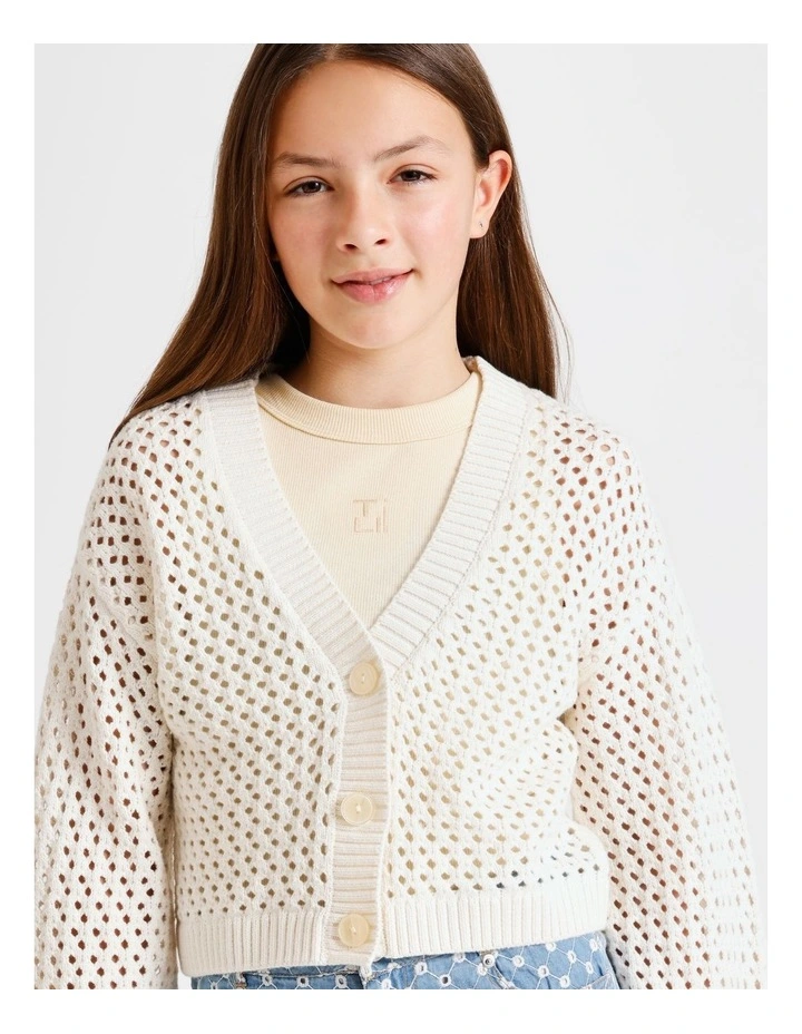 Long Sleeve, Fully fashioned Crochet Cardigan in Ecru image 7