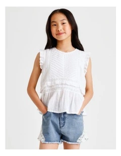 Short Sleeve Dobby Top with Pin Tucks in White