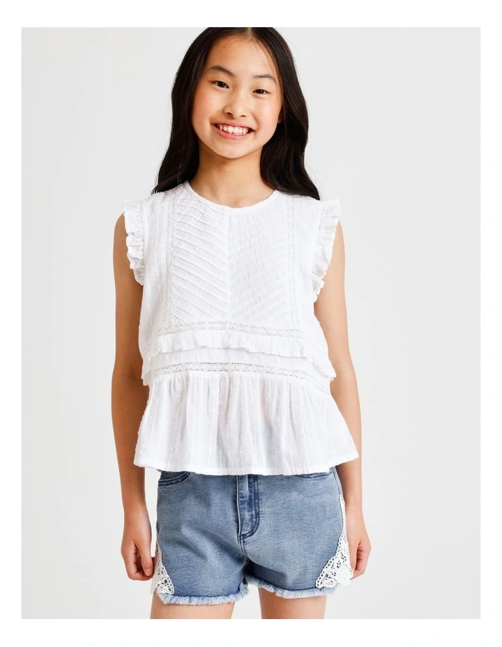 Short Sleeve Dobby Top with Pin Tucks in White image 2