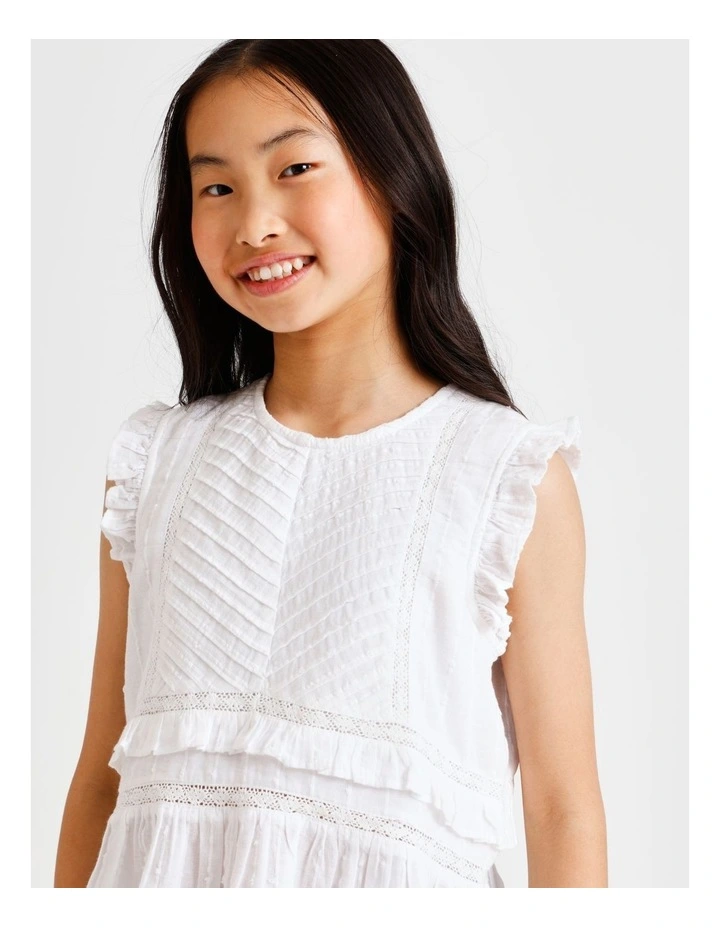 Short Sleeve Dobby Top with Pin Tucks in White image 3