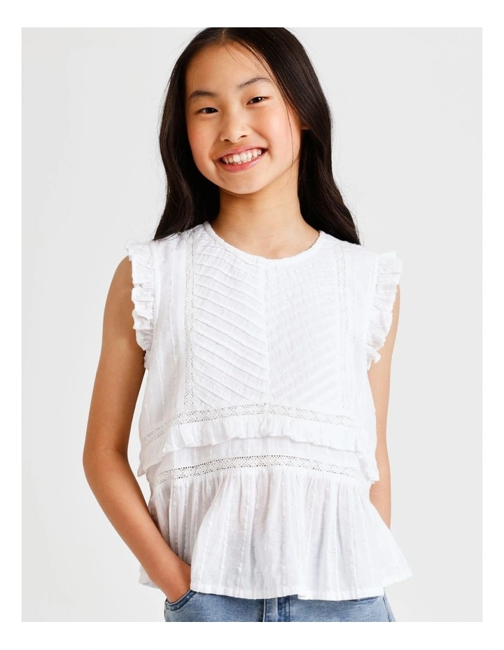 Short Sleeve Dobby Top with Pin Tucks in White image 4