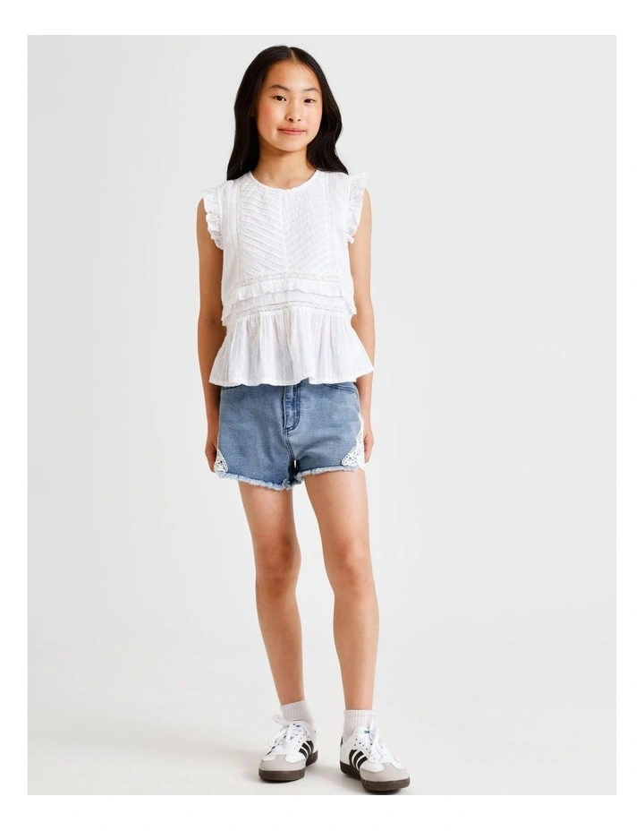 Short Sleeve Dobby Top with Pin Tucks in White image 6