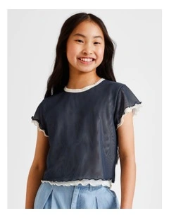 Short Sleeve Mesh Tee in Navy and Ecru