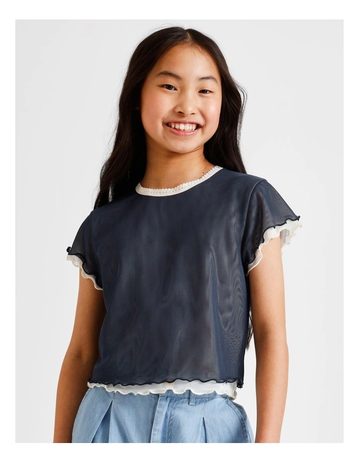 Short Sleeve Mesh Tee in Navy and Ecru image 1