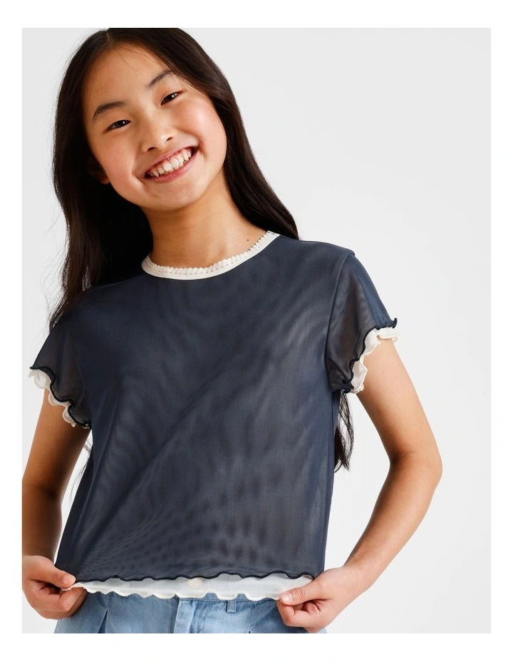 Short Sleeve Mesh Tee in Navy and Ecru image 4