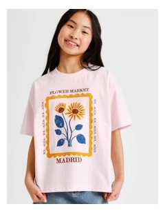Short Sleeve Slouch Dad Tee in Flower Market and Pink