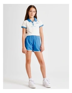Short Sleeve Cropped Jersey Polo in Ecru and Blue
