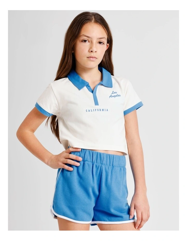 Short Sleeve Cropped Jersey Polo in Ecru and Blue image 2
