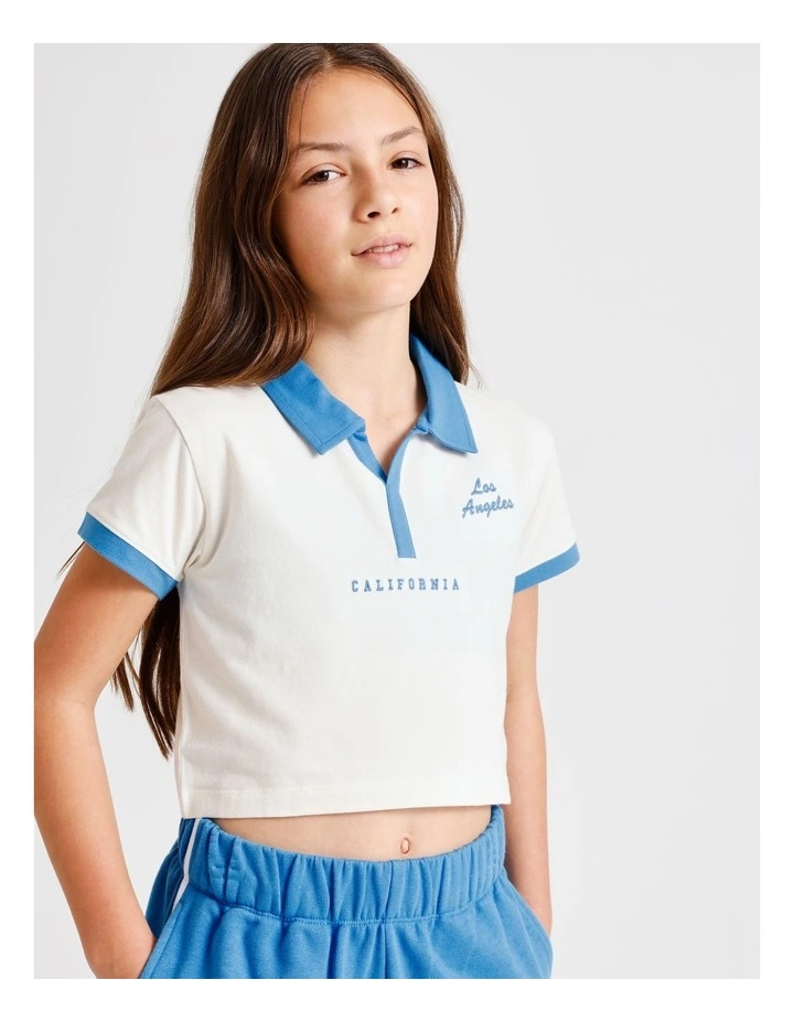 Short Sleeve Cropped Jersey Polo in Ecru and Blue image 3