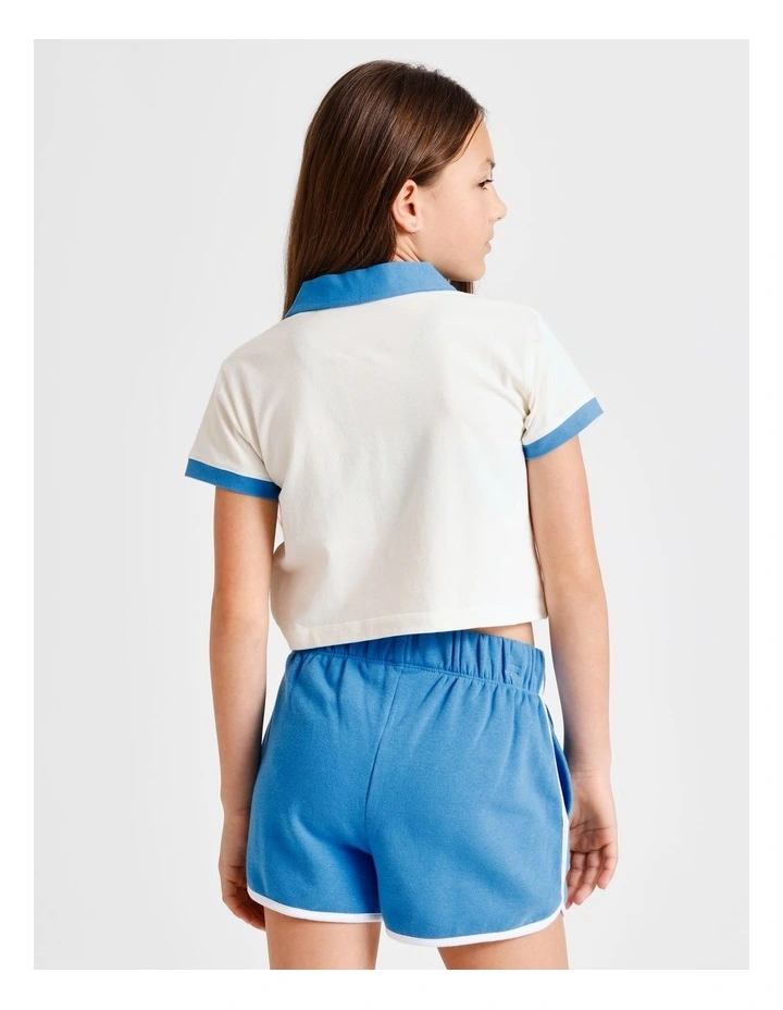 Short Sleeve Cropped Jersey Polo in Ecru and Blue image 4