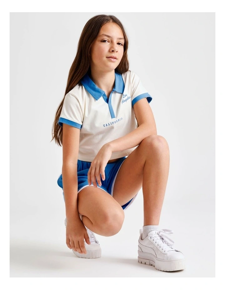Short Sleeve Cropped Jersey Polo in Ecru and Blue image 5