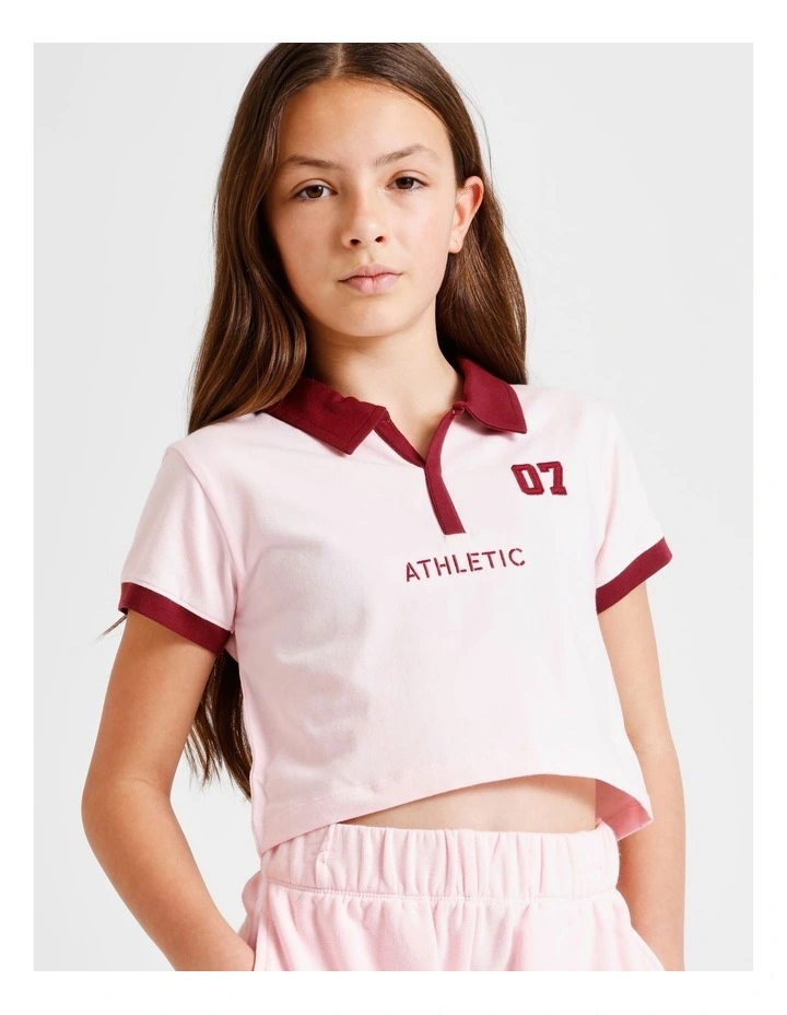 Short Sleeve Cropped Jersey Polo in Pink and Burgundy image 4