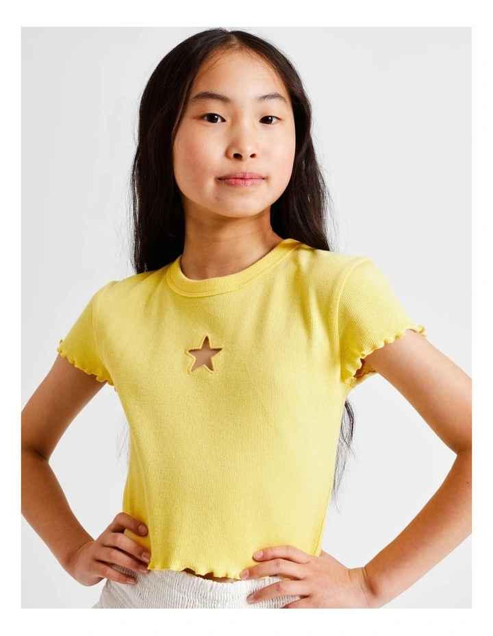 Short Sleeve Rib Top with Cut Out in Yellow image 2