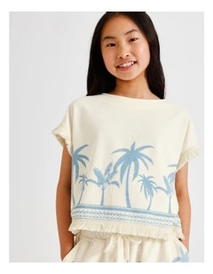 Towelling Shoulder Top with Tassel in Palm Tree and Ecru