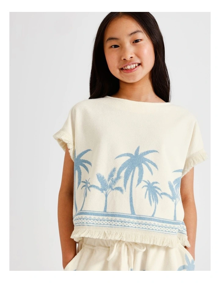 Towelling Shoulder Top with Tassel in Palm Tree and Ecru image 1