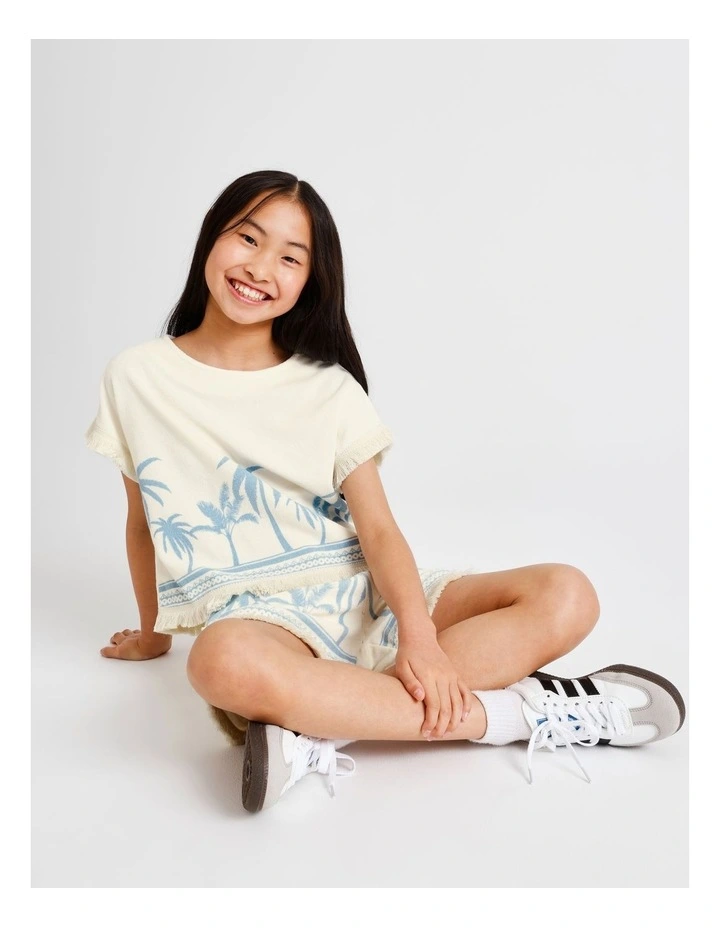 Towelling Shoulder Top with Tassel in Palm Tree and Ecru image 2