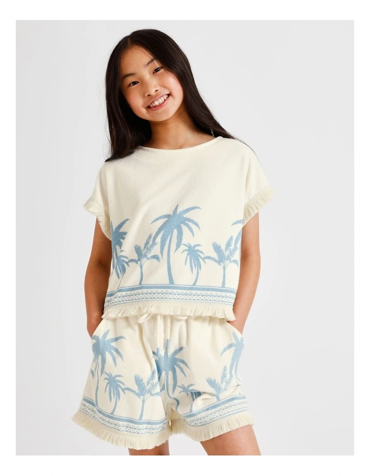 Towelling Shoulder Top with Tassel in Palm Tree and Ecru image 3