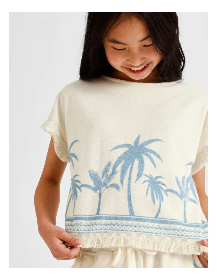 Towelling Shoulder Top with Tassel in Palm Tree and Ecru image 4