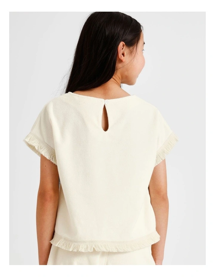 Towelling Shoulder Top with Tassel in Palm Tree and Ecru image 5
