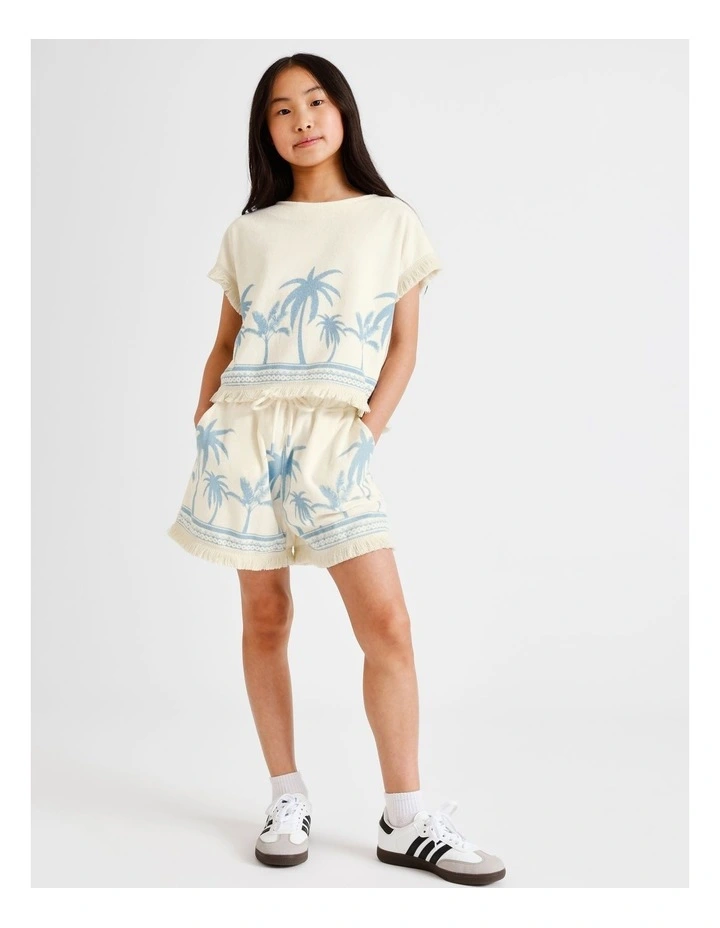 Towelling Shoulder Top with Tassel in Palm Tree and Ecru image 6