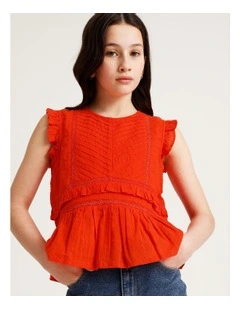 Short Sleeve Dobby Top with Pin Tucks in Red