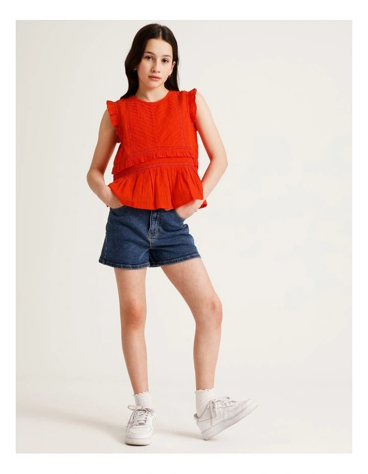 Short Sleeve Dobby Top with Pin Tucks in Red image 2
