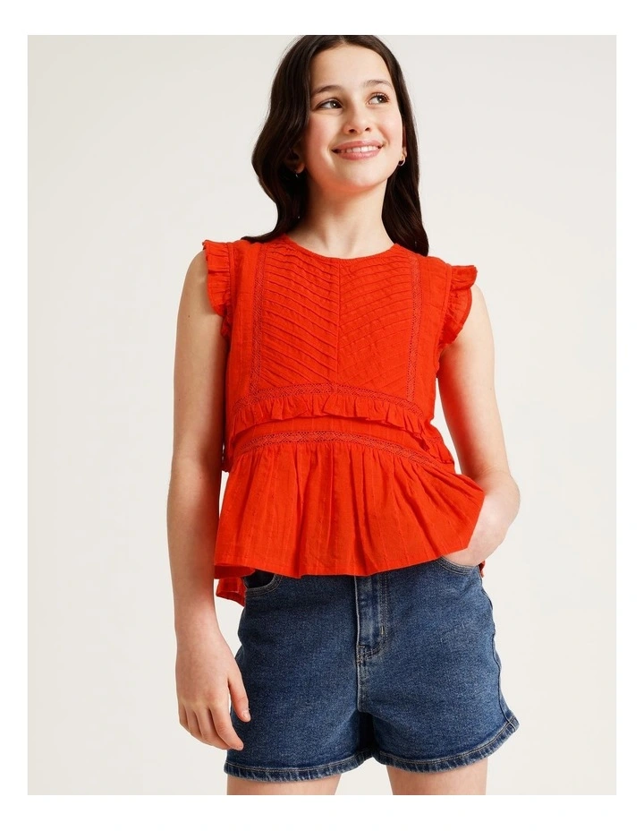 Short Sleeve Dobby Top with Pin Tucks in Red image 3